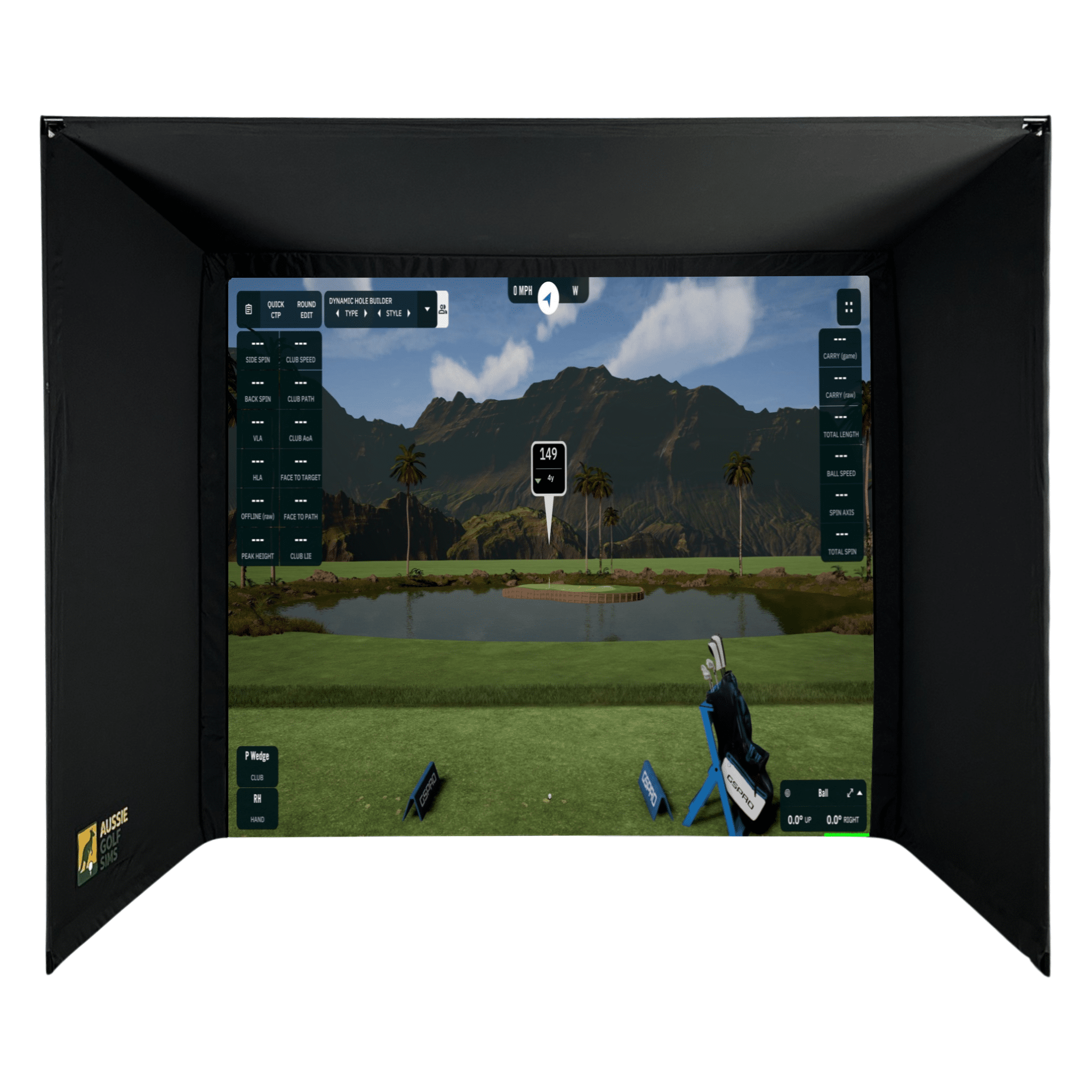 Black DIY golf simulator enclosure kit with a large screen displaying a virtual golf course.