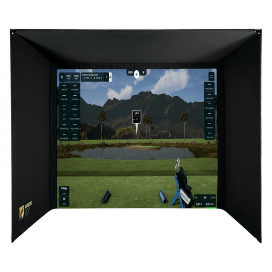 Black DIY golf simulator enclosure kit with a large screen displaying a virtual golf course.