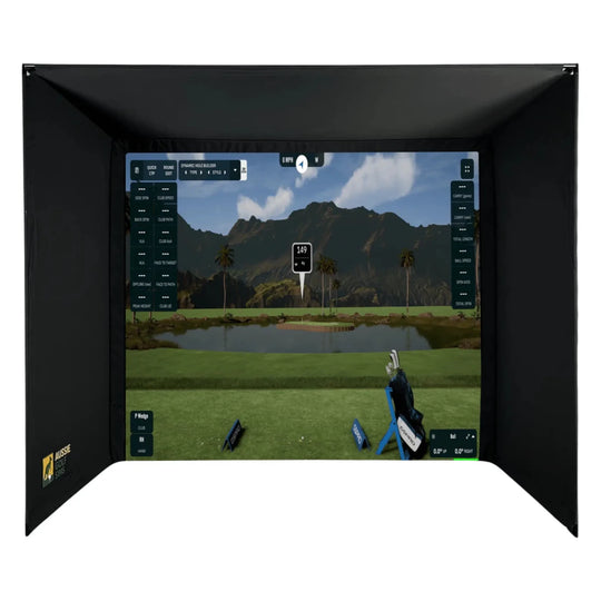 Black DIY golf simulator enclosure kit with a large screen displaying a virtual golf course.