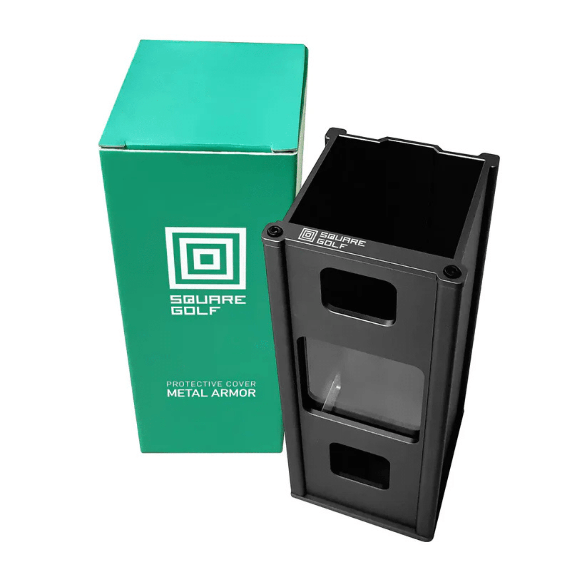Black metal Square Golf protective case with clear windows, next to a green box.