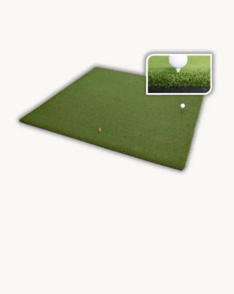 Green golf mat with a close-up inset showing grass texture on a white background
