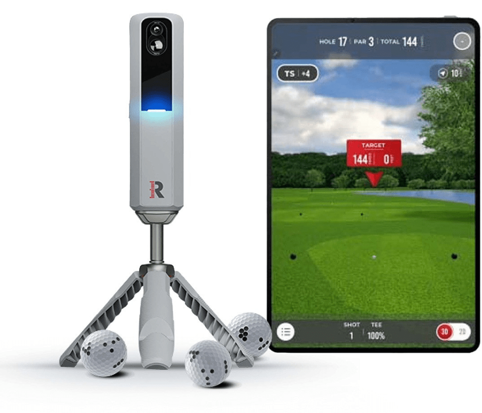 Rapsodo MLM2Pro golf launch monitor on tripod with blue light, 3 golf balls, and a tablet displaying a golf course simulation.