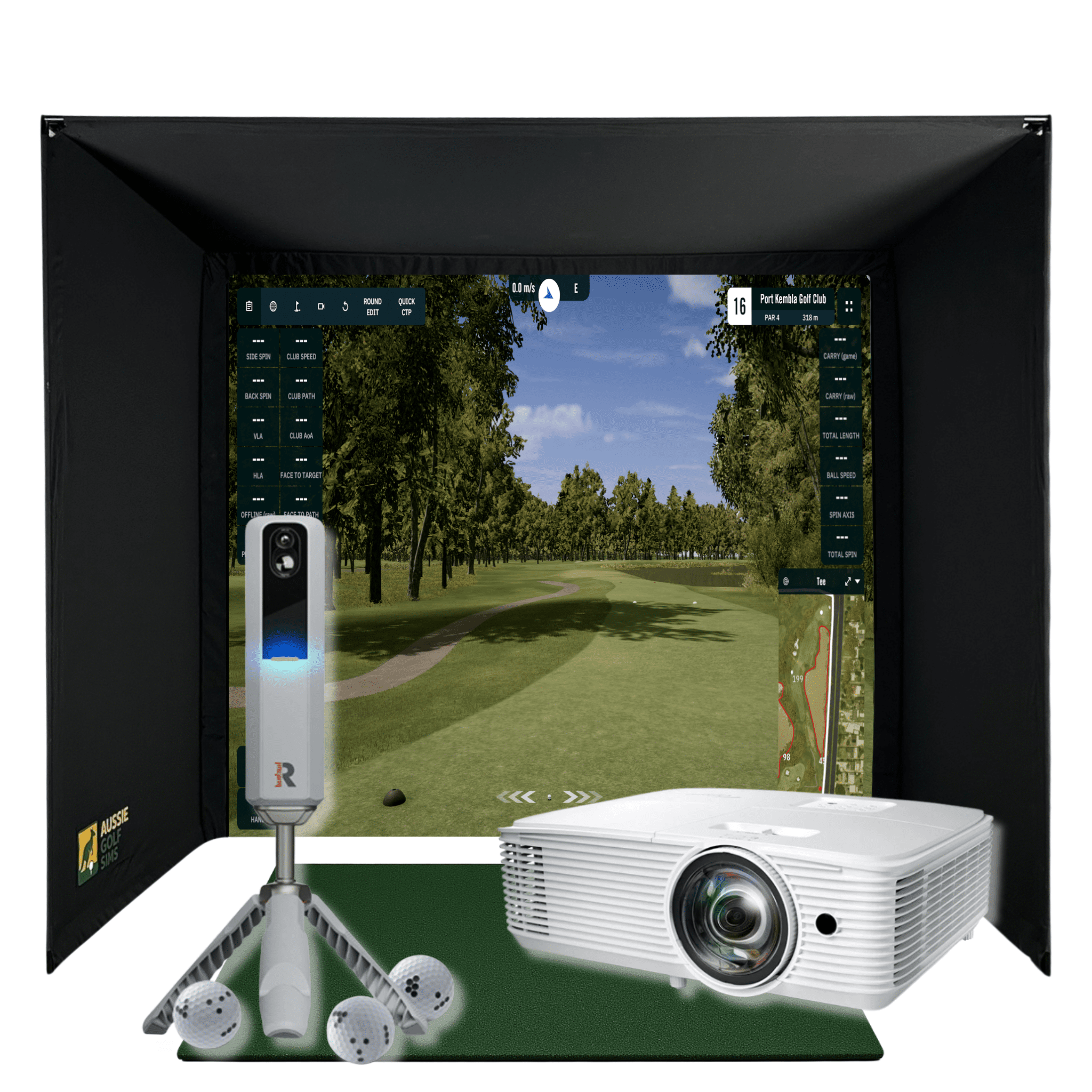 RooBox MLM2Pro golf simulator package with black enclosure, white projector, Rapsodo launch monitor, and golf balls.