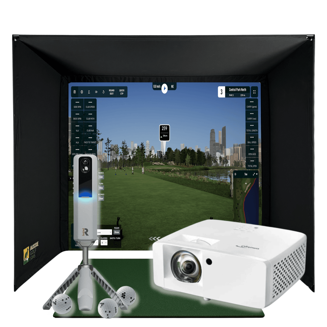 RooBox MLM2Pro golf simulator package with black enclosure, white projector, Rapsodo launch monitor, and golf balls.
