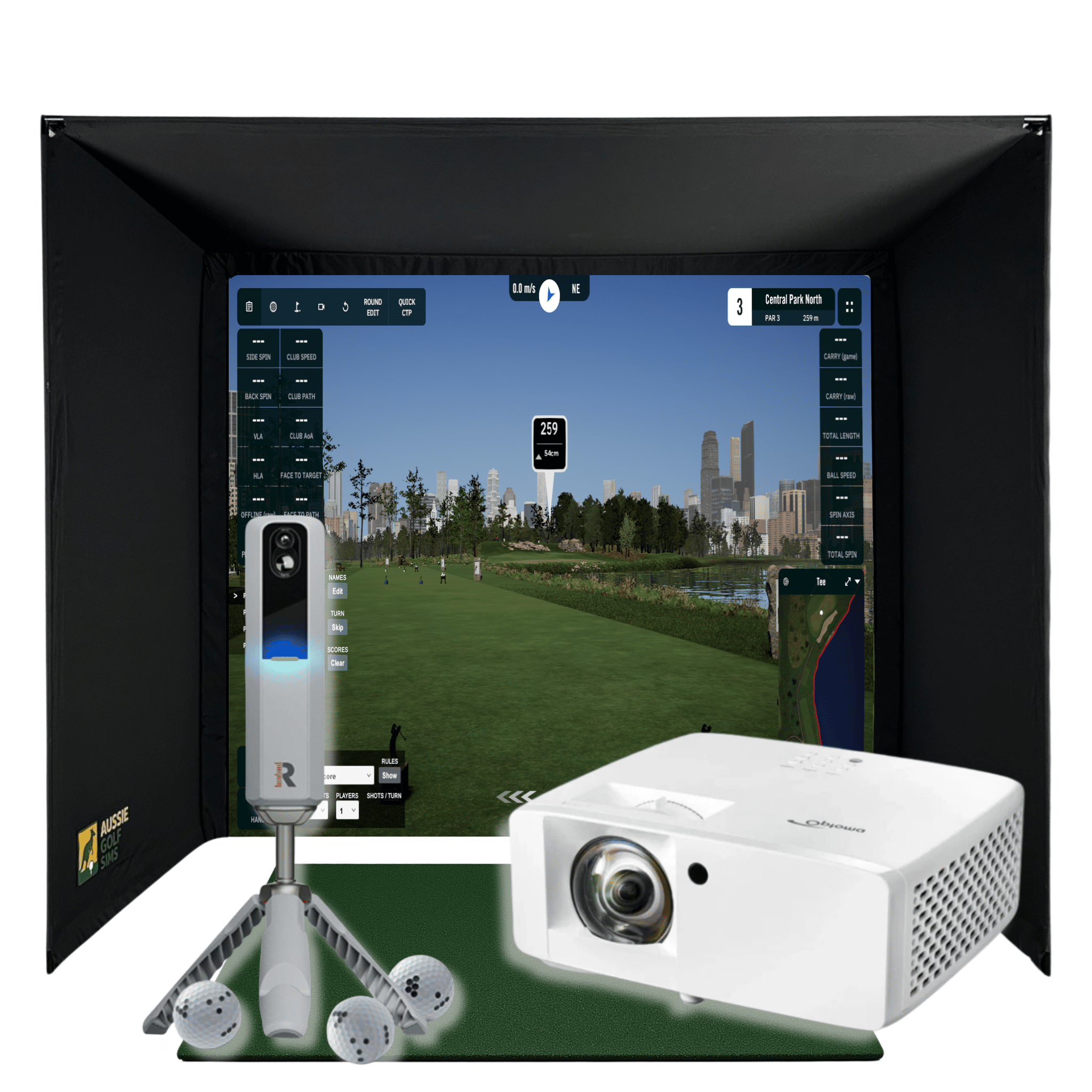 RooBox MLM2Pro golf simulator package with black enclosure, white projector, Rapsodo launch monitor, and golf balls.