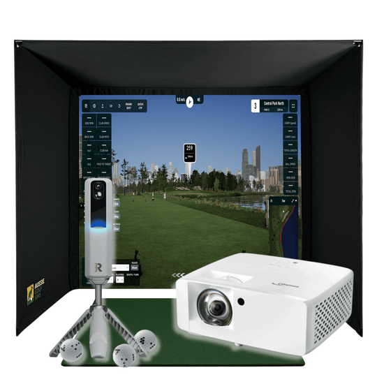 RooBox MLM2Pro golf simulator package with black enclosure, white projector, Rapsodo launch monitor, and golf balls.