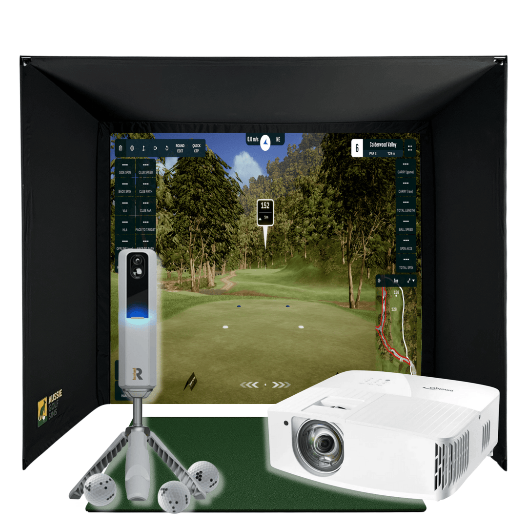 RooBox MLM2Pro golf simulator package with black enclosure, white projector, Rapsodo launch monitor, and golf balls.