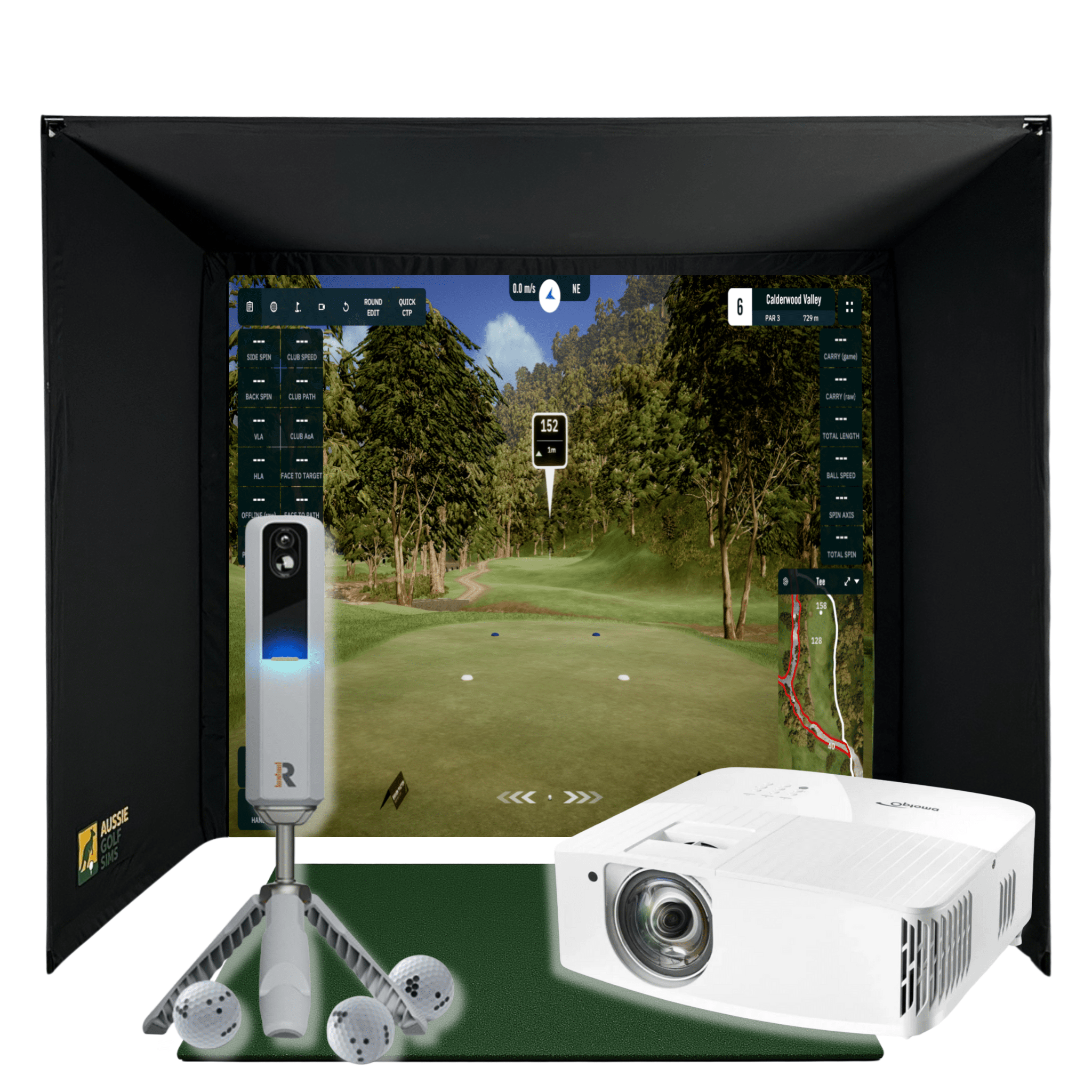 RooBox MLM2Pro golf simulator package with black enclosure, white projector, Rapsodo launch monitor, and golf balls.