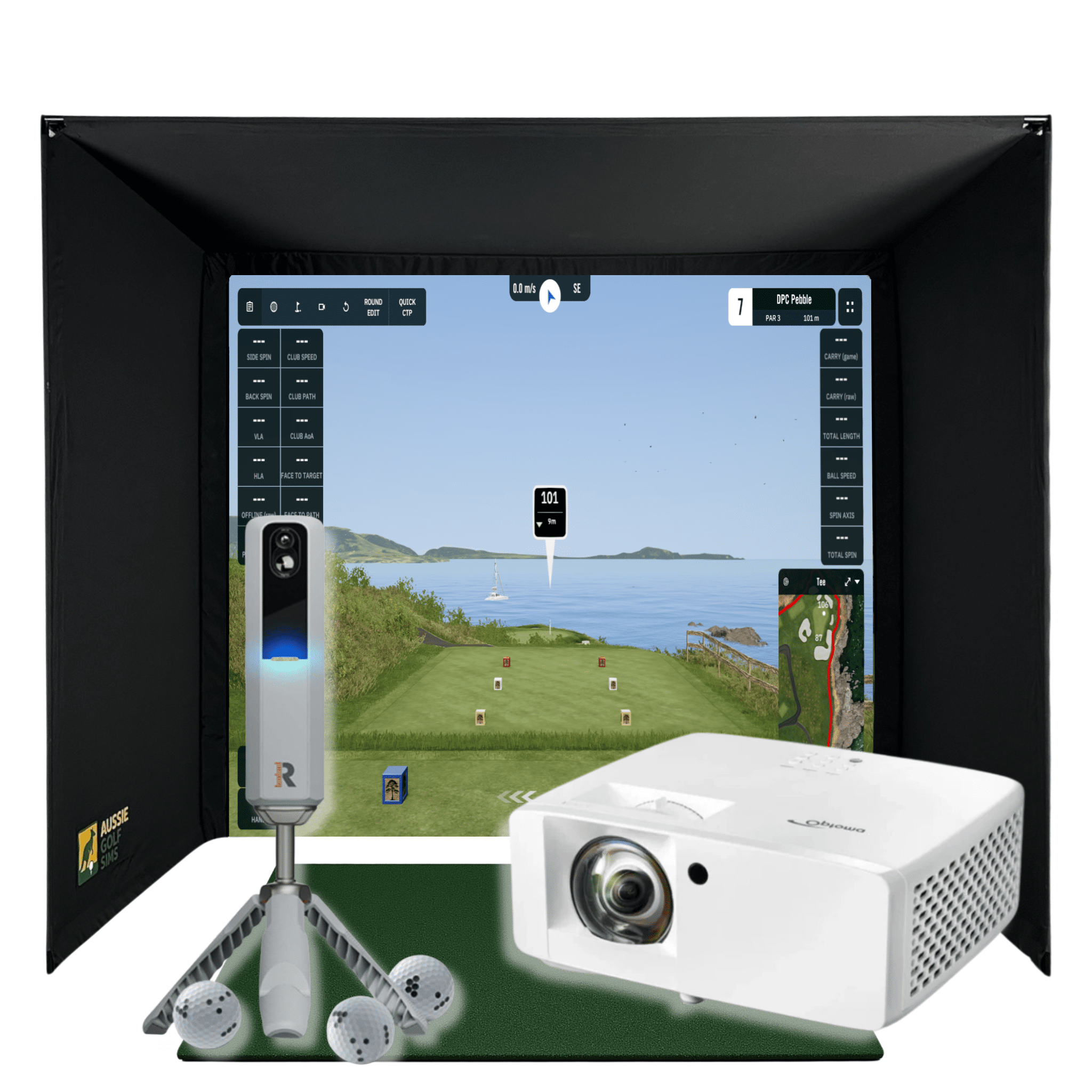 RooBox MLM2Pro golf simulator package with black enclosure, white projector, Rapsodo launch monitor, and green hitting mat.