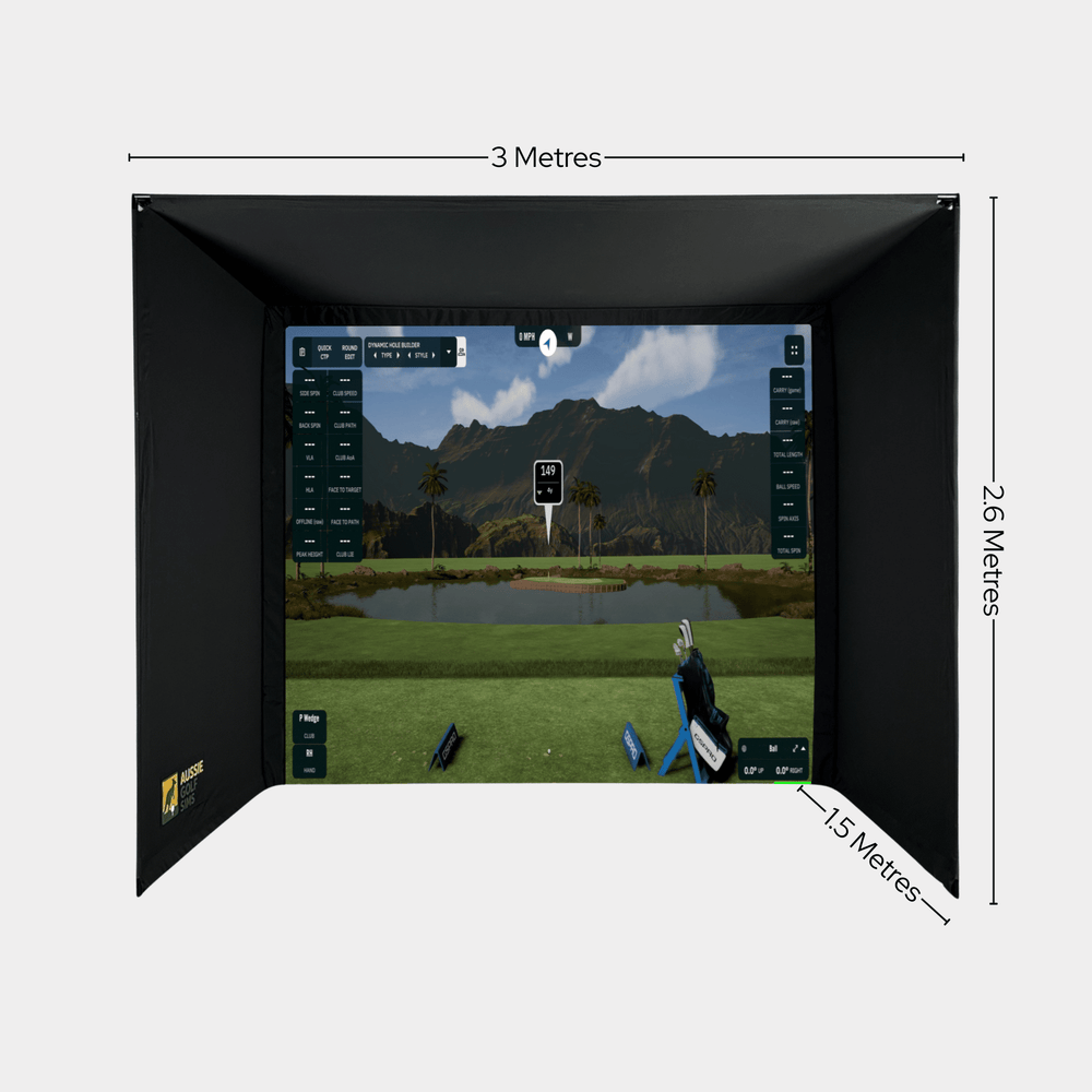 Black DIY golf simulator enclosure kit with a large screen displaying a tropical golf course.