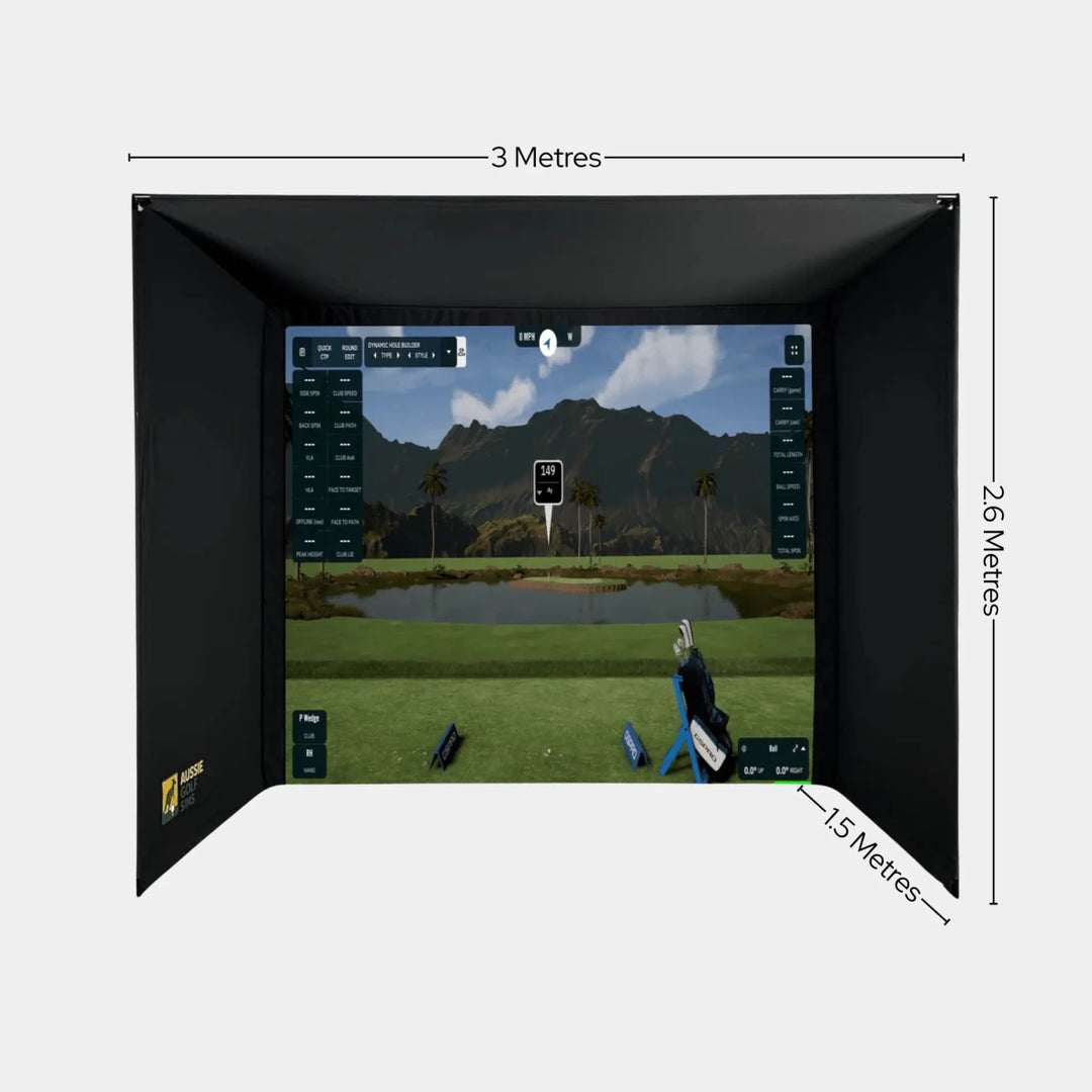 Black DIY golf simulator enclosure kit with a large screen displaying a tropical golf course.