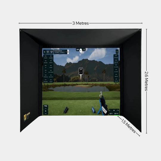 Black DIY golf simulator enclosure kit with a large screen displaying a tropical golf course.