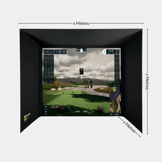 Black custom golf simulator enclosure kit with a projected golf course scene and data.