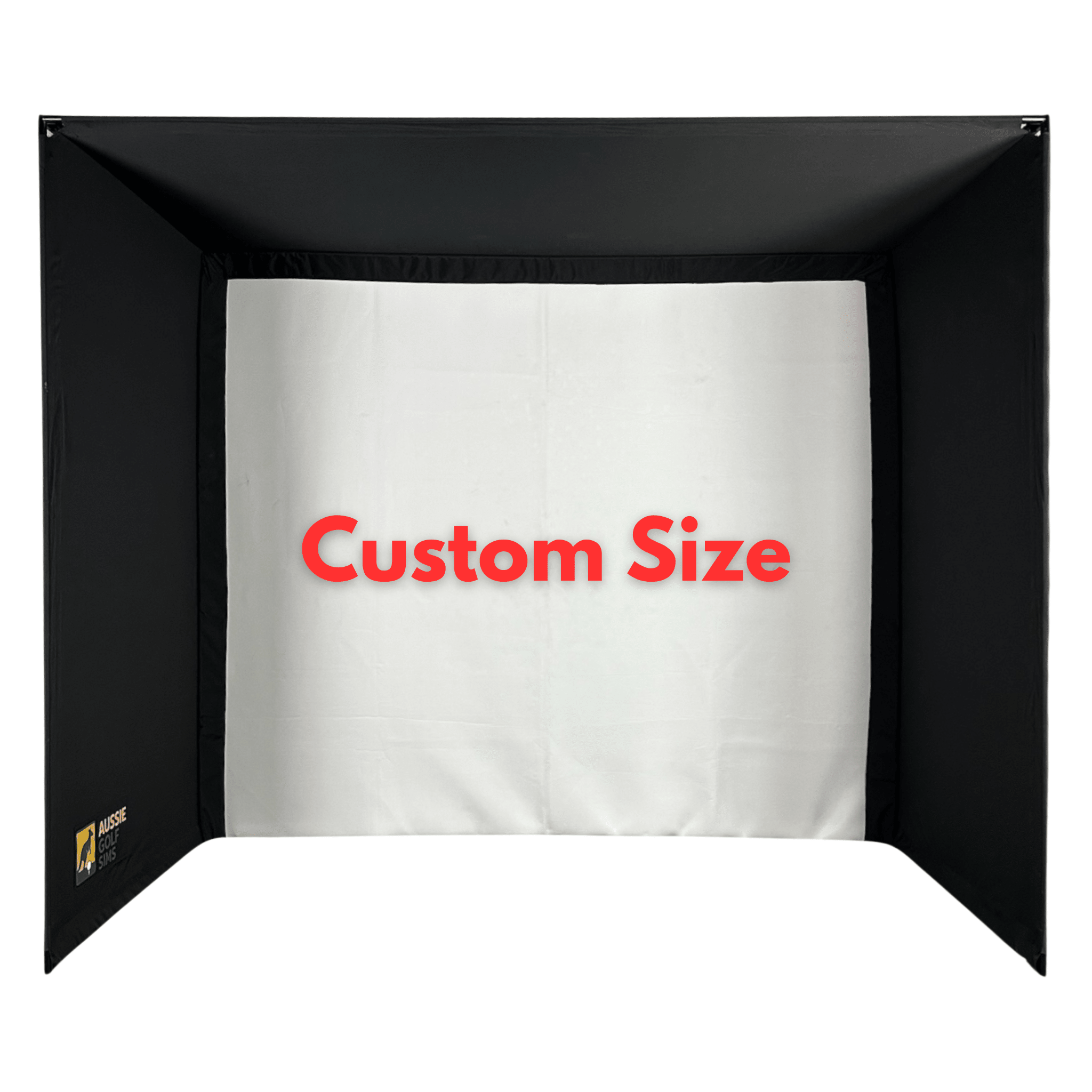 Black custom golf simulator enclosure kit with a white impact screen.