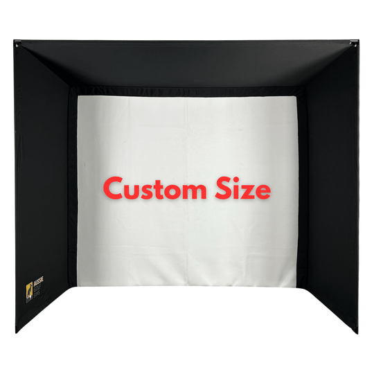 Black custom golf simulator enclosure kit with a white impact screen.