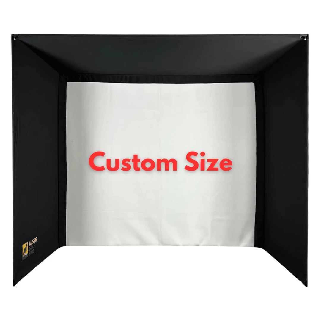 Black custom golf simulator enclosure kit with a white impact screen.