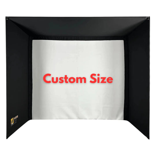 Black custom golf simulator enclosure kit with a white impact screen.