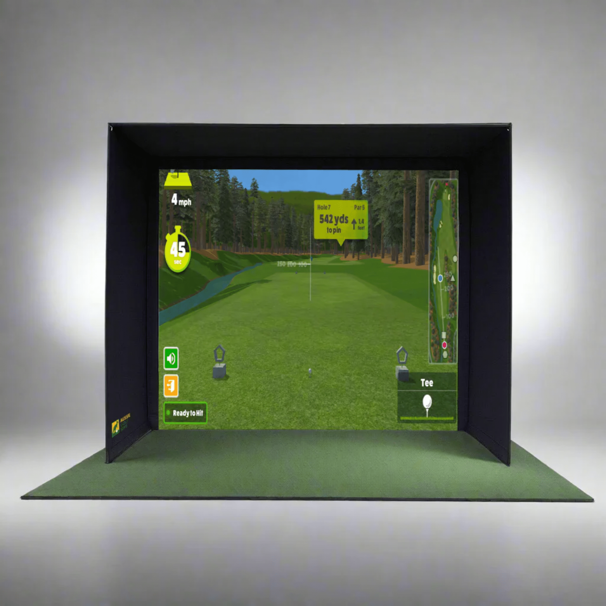 Golf simulator screen displaying a virtual golf course on a green mat.