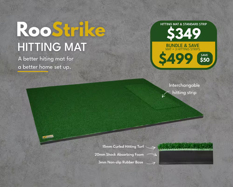 RooStrike hitting mat shown on a textured gray background with promotional text, a price badge, and feature callouts including interchangeable hitting strip, 15mm curled hitting turf, 20mm shock absorbing foam, and 3mm non-slip rubber base.