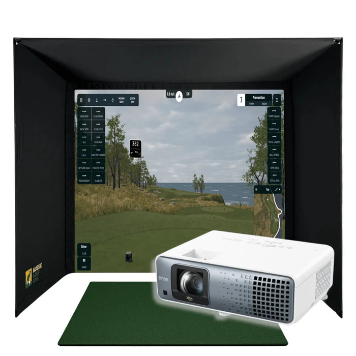 RooBox BYO golf simulator package with black enclosure, green hitting mat, and white projector displaying a golf course.