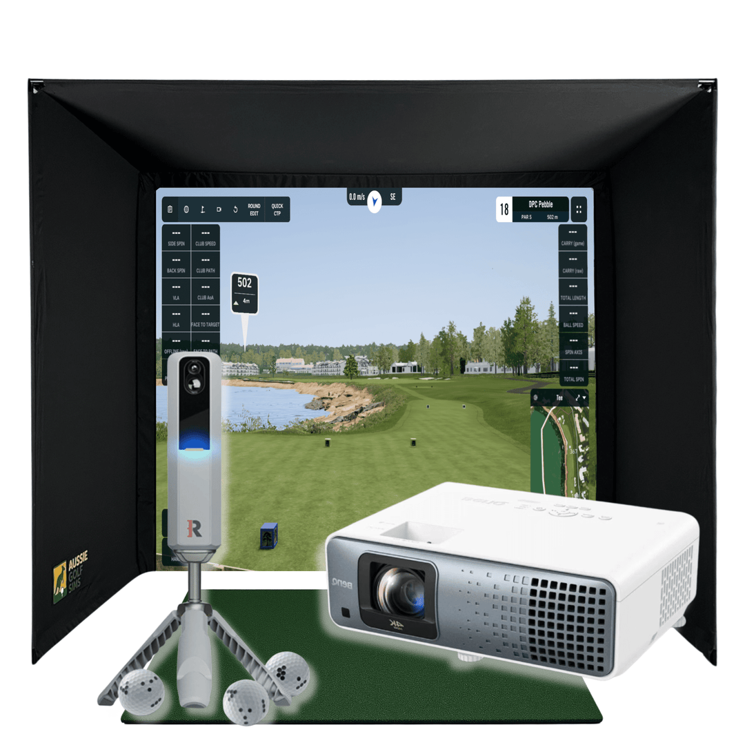 RooBox MLM2Pro golf simulator package with black enclosure, white projector, Rapsodo launch monitor, and golf balls.