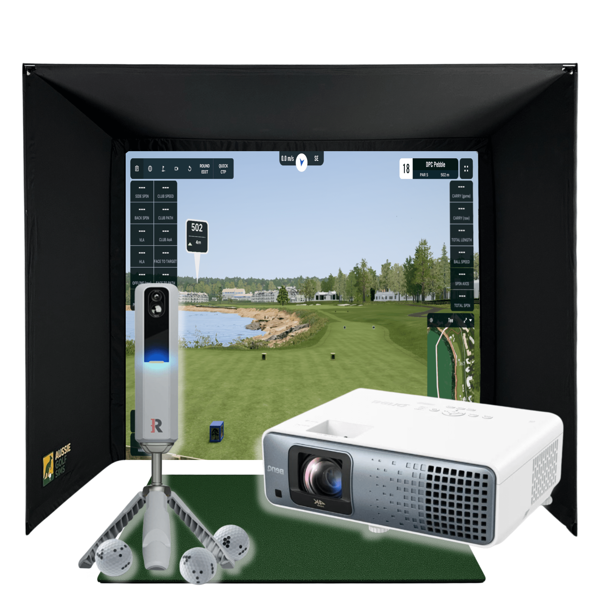 RooBox MLM2Pro golf simulator package with black enclosure, white projector, Rapsodo launch monitor, and golf balls.