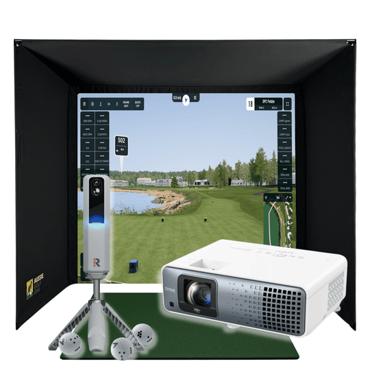 RooBox MLM2Pro golf simulator package with black enclosure, white projector, Rapsodo launch monitor, and golf balls.