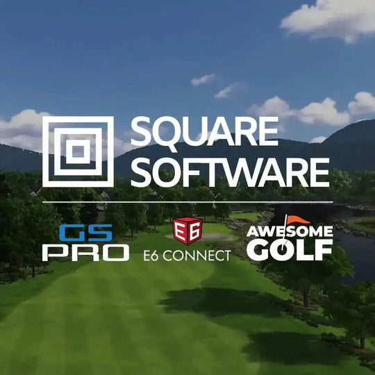 Square Golf Software logo and partner logos (GS Pro, E6 Connect, Awesome Golf) over a lush golf course.