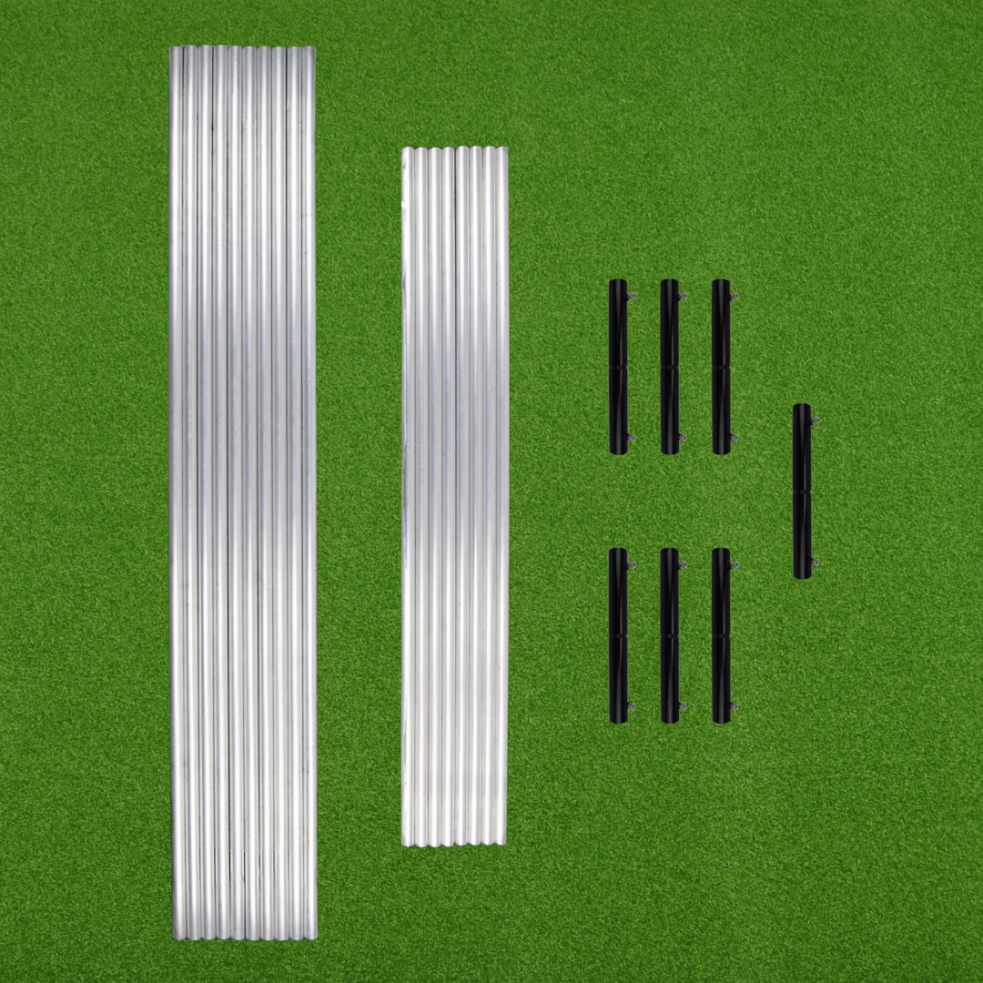 Aluminum tubing with straight connectors on green turf