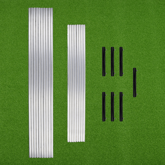 Aluminum tubing with straight connectors on green turf