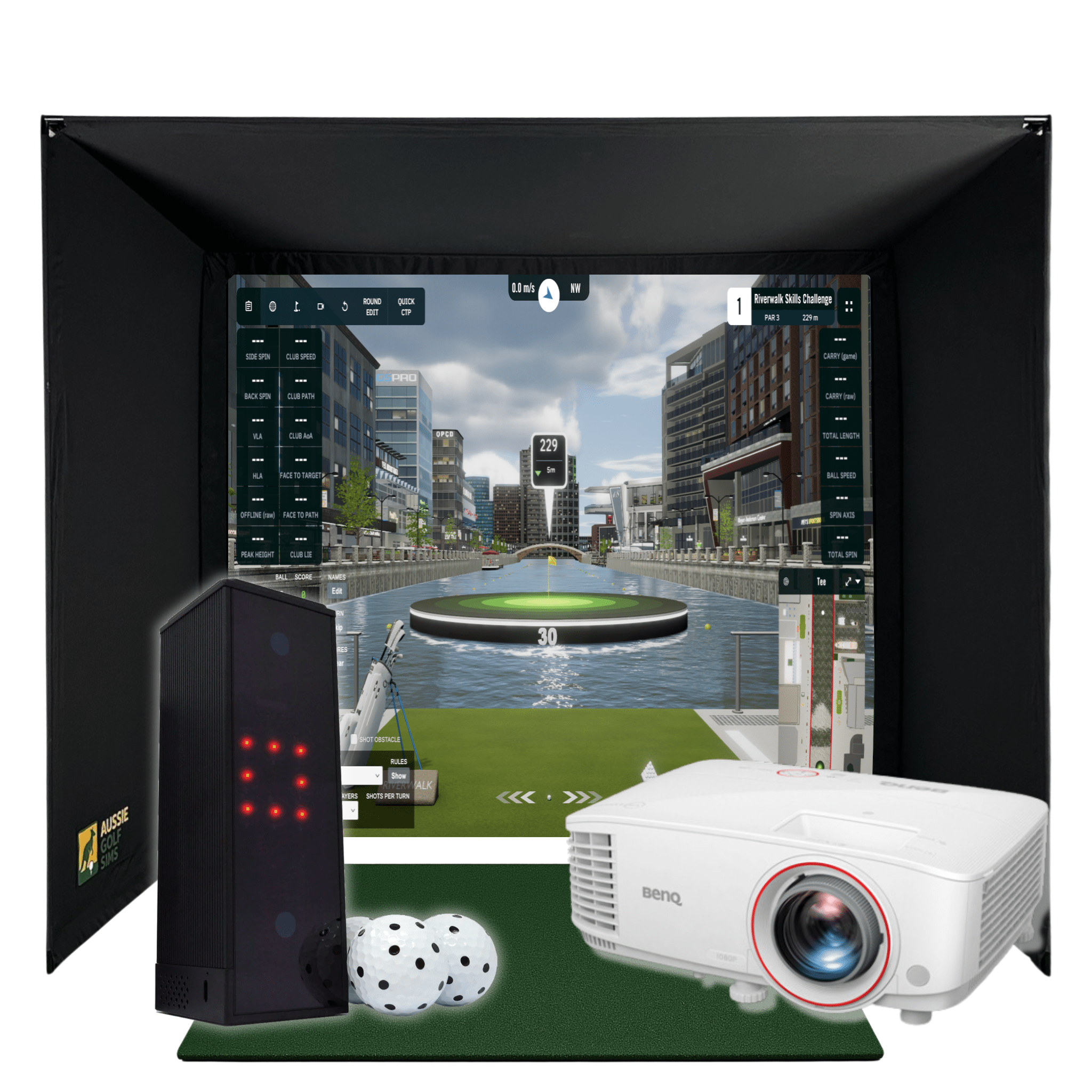 Black RooBox Square Golf Home Package with white BenQ projector, launch monitor, and golf balls.