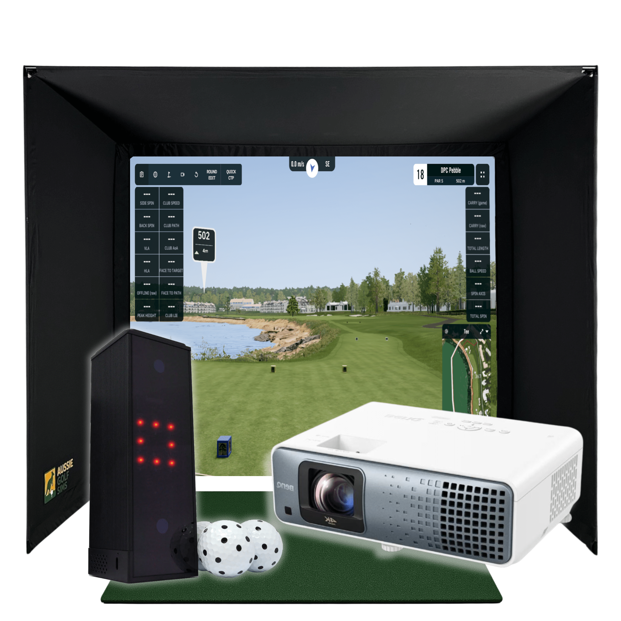 Black golf simulator enclosure with a projected golf course, launch monitor, projector, and three golf balls.
