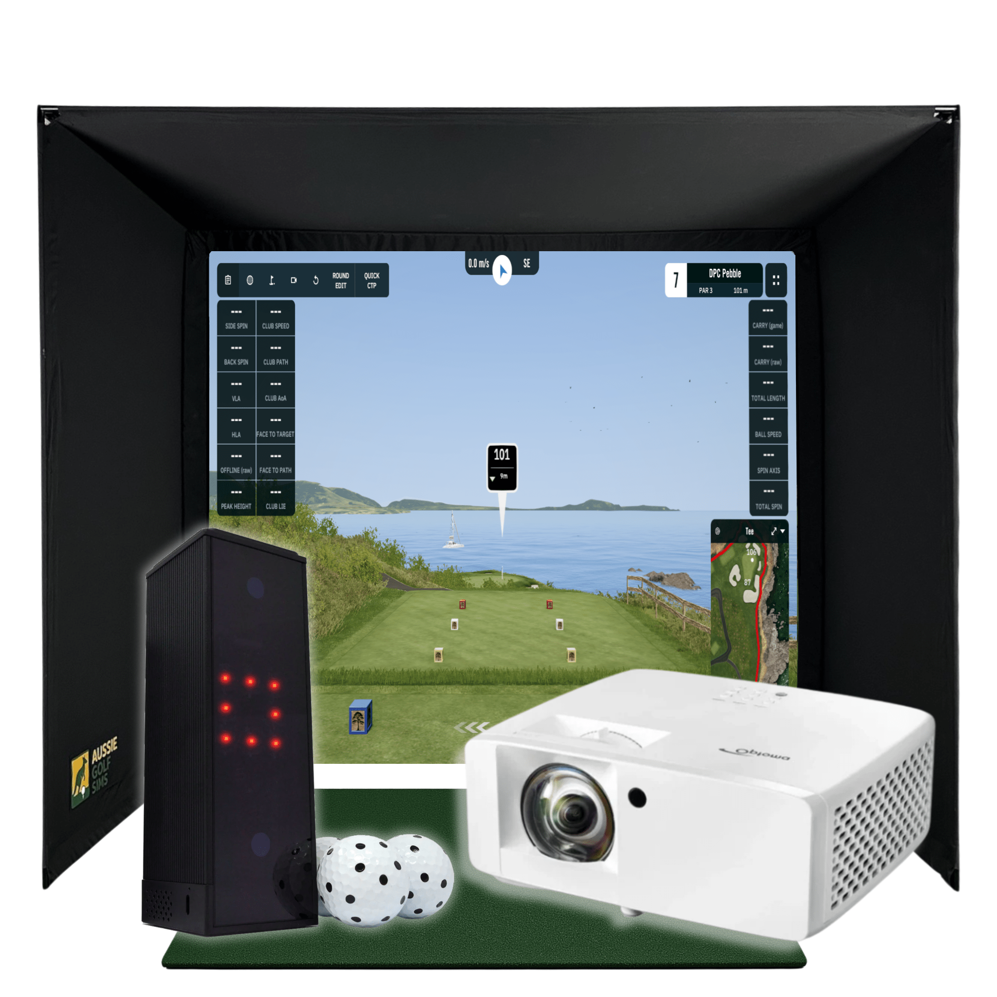 Black RooBox golf simulator enclosure with projected course, Square Golf launch monitor, projector, and golf balls.