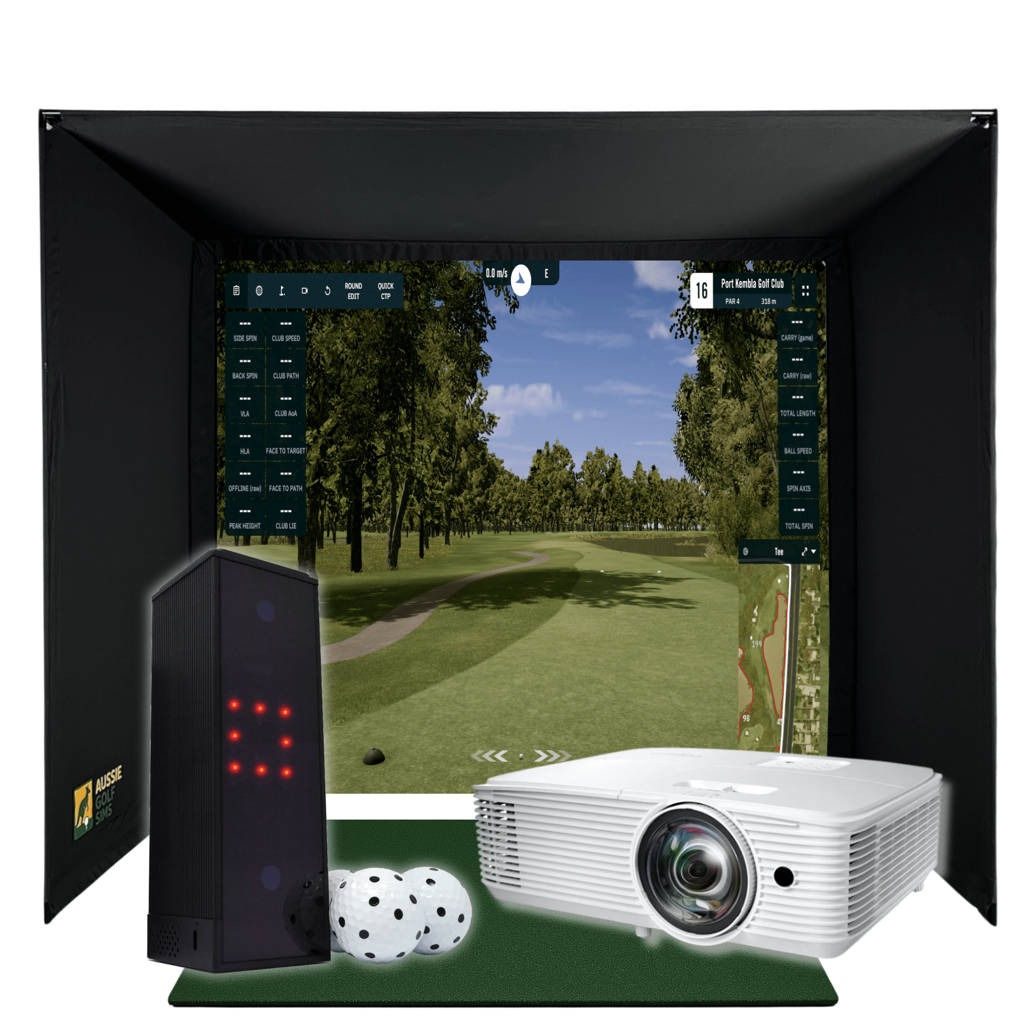 Black RooBox Square Golf Home Package enclosure with a projected golf course, launch monitor, projector, and three golf balls.