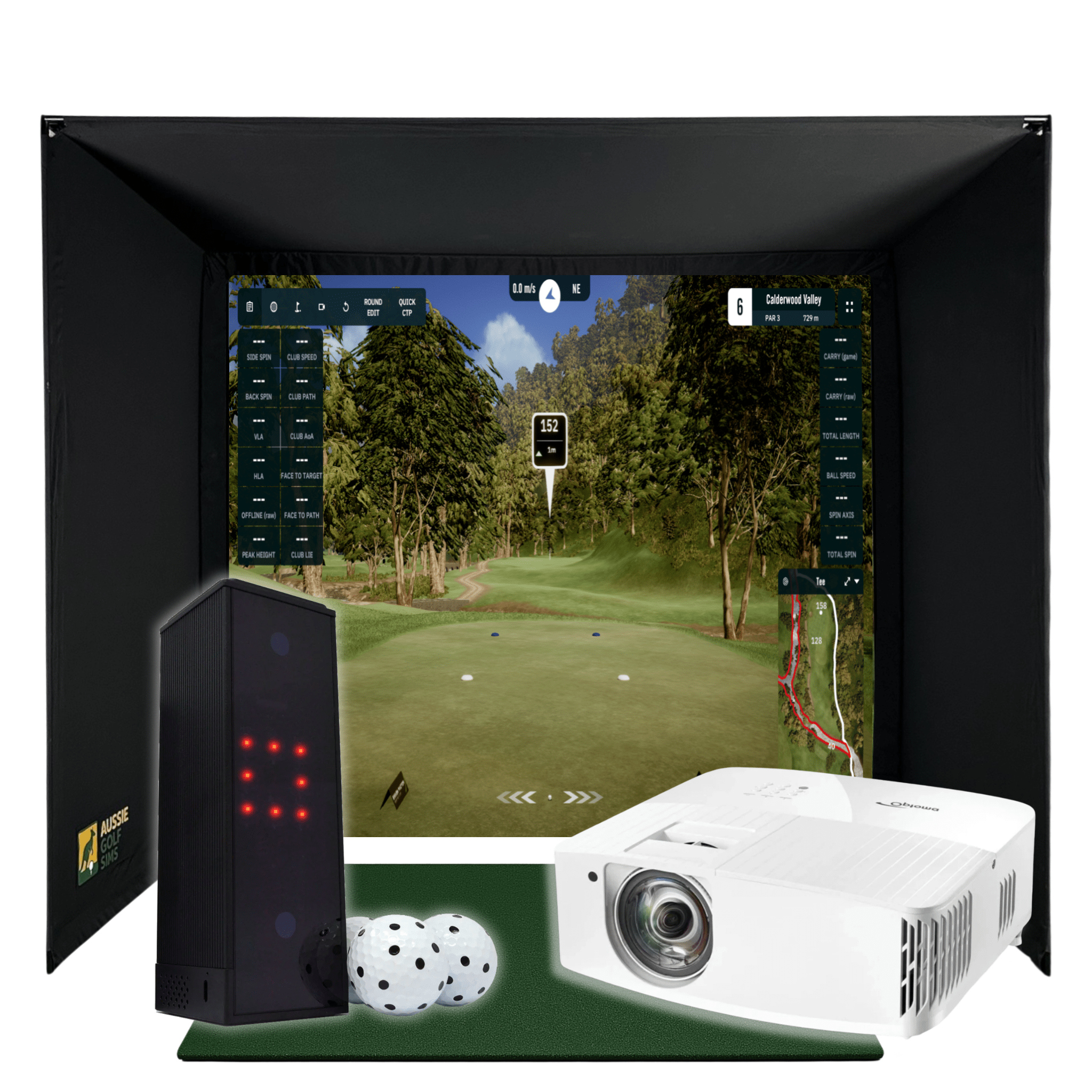 Black RooBox Square Golf Home Package with projector, launch monitor, and golf balls.