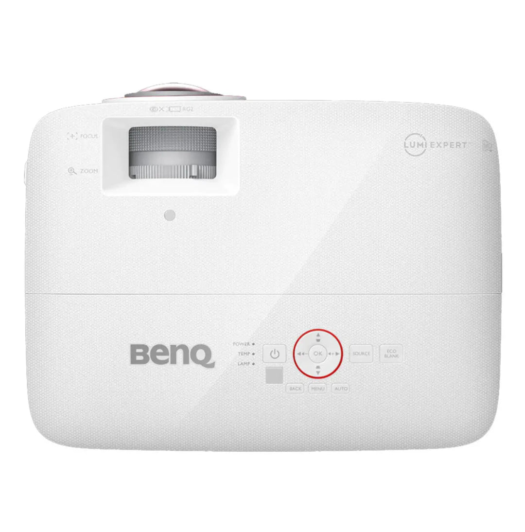 White BenQ TH671ST golf simulator projector with a large lens, control panel, and red navigation buttons.