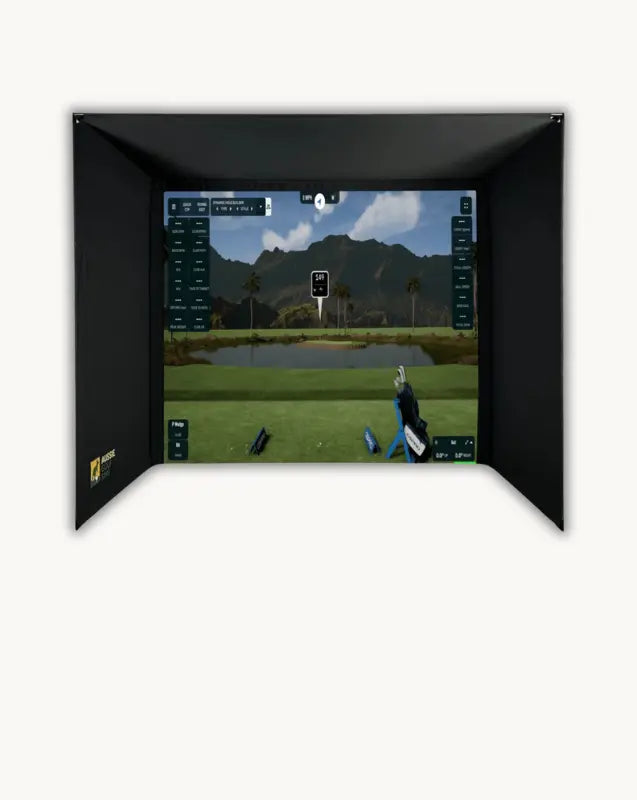 Golf simulator screen with a golf course scene on a white background