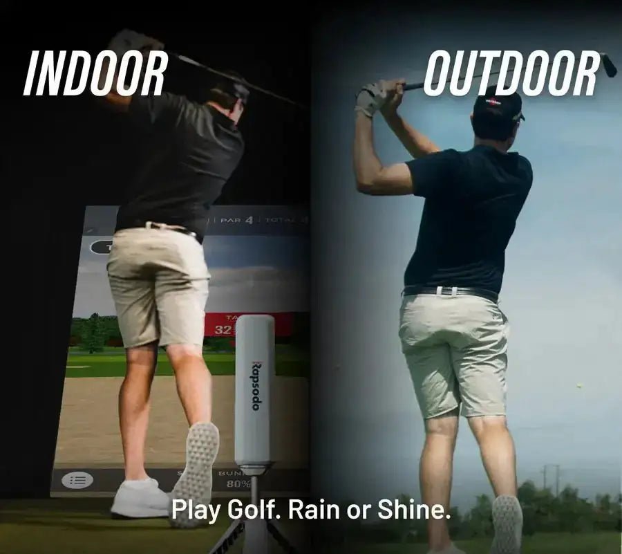 Rapsodo MLM2Pro launch monitor in a white casing, shown with a golfer swinging indoors and outdoors.